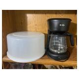 Shelf Lot With Mr. Coffee Maker and Plastic Cake C