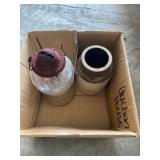 Vintage Glass Oil Lamp and Stoneware Jug with Hand