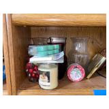 Shelf Lot With Various Glassware, Candles, and Sea