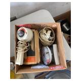 Box Lot with GE Iron, Timer, Clock, and Miscellane