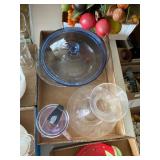 Glassware Items Including Blue Lid, Decanter, and