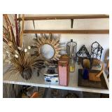 Table Lot of Decorative Items, Metal and Wood Piec