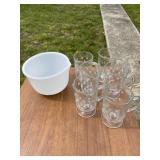 Six Glass Mugs with Etched Design and Anchor Hocki