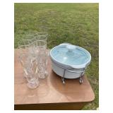 6 Clear Glasses and Ceramic Serving Dish with Meta