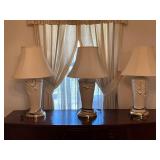 Three Ceramic Table Lamps with Fabric Shades and C