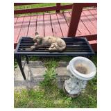 Metal Bench with Concrete Cat Sculpture and Cherub