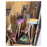 Lawn Tools Including Shovels, Rakes, and Cleaning
