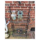 Black Wrought Iron Three-Tier Shelf Unit with Deco
