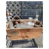 Vintage Glass Bottles in Wooden Crate with Printed