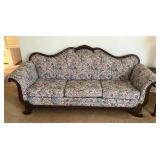 Floral Upholstered Sofa with Carved Wood Frame and