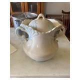 Ceramic Handled Pot with Lid and Blue Accents