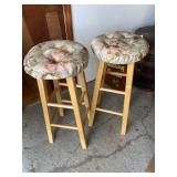 Three Wooden Bar Stools with Cushioned Tops