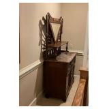 Marble-Top Wooden Sideboard with Ornate Mirror Bac