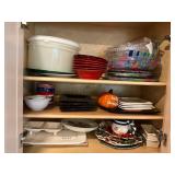 Three Shelf Lot of Kitchen Items and Seasonal Dish