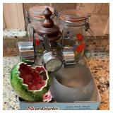 Kitchen Items Including Glass Jars and Decorative