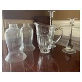 Crystal Glass Pitcher, Two Glass Hurricane Shades,