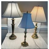 Three Brass Table Lamps with White Lampshades