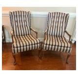 Upholstered Queen Anne Armchairs with Striped Fabr