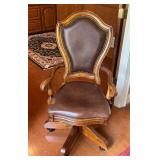 Wooden Office Chair with Brown Leather Upholstery