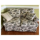 Upholstered Loveseat with Black-and-White Toile Pa