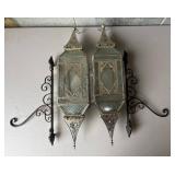 Two Glass and Metal Wall Hanging Lanterns with Bra