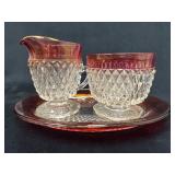 Cranberry Glass Cream Pitcher, Sugar Bowl, and Ova