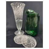 Crystal Vase, Anchor Hocking Green Glass Pitcher,