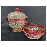 Cranberry Glass Candy Dish and Bowl with Diamond a