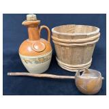 Wood Bucket, Donald Fisher Whiskey Jug, and Gourd