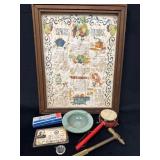 Lot with Framed Kitchen Poster, Brass Nesting Tool