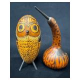 Two Peruvian Carved Gourd Rattles Featuring Owl an