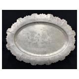 Etched Aluminum Oval Serving Tray With Floral Desi