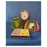 Collection Including Wooden Mantel Clock, Beaded F