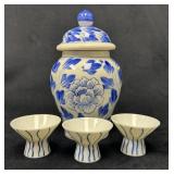 Small Blue and White Ginger Jar with Lid and Three