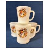 Four Fire-King Milk Glass Mugs with Tiger Design
