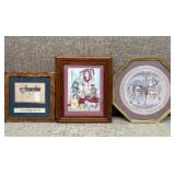 Three Framed Cross-Stitch Artworks With Varied Des