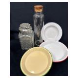 7 Metal Plates and Bowls with 2 Glass Storage Cont