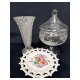Large Glass Vase, Glass Candy Dish, and Lefton Chi