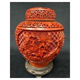 Carved Cinnabar Ginger Jar With Stand, Blue Enamel
