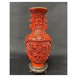 Cinnabar Vase Just Over 9 Inches with Blue Enamel