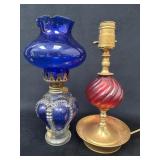 Blue Oil Lamp and Functioning Red Glass and Brass