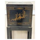 Lacquered Black Wood Box on Stand With Oriental-St