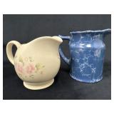 Two Vintage Pitchers: Pfaltzgraff Floral and Blue
