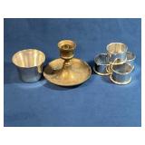 Brass Candlestick, Silver-Toned Napkin Rings, and