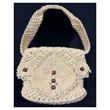 Vintage Macrame Purse With Beaded Detail and Lined