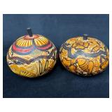 Two Peruvian Carved Gourd Boxes with Decorative Mo