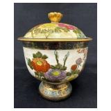 Hand-Painted Ceramic Lidded Jar with Peacock and F