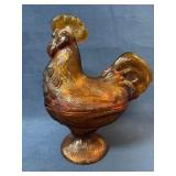 Amber-Colored Glass Hen-on-Nest Dish with Pedestal