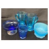 Vintage Blue Glass Items Including Bowls, Cups, an
