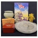 Eclectic Home Decor Lot with Glass Platters, Boxes